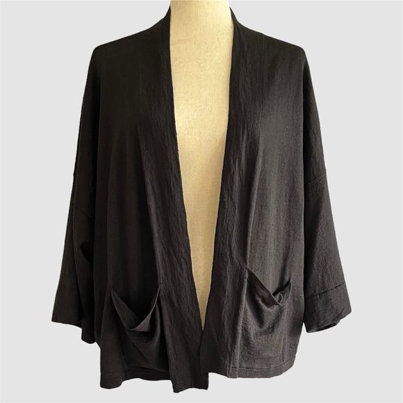 Eileen Fisher Lagenlook Kimono Cardigan Size L XL Black Minimalist Organic Linen - Picture 1 of 10